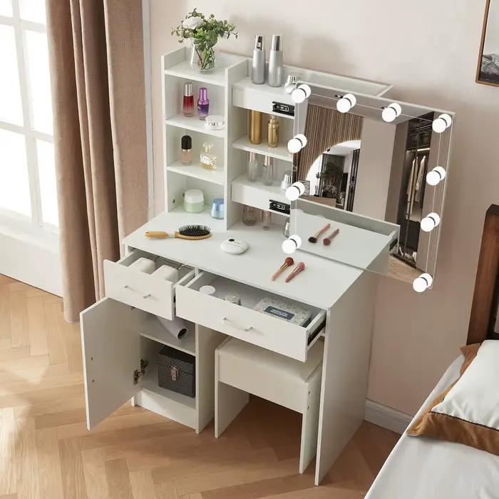 Ensemble de vanité de maquillage avec miroir et lumières, commode, armoire de rangement, 3 modes d'é