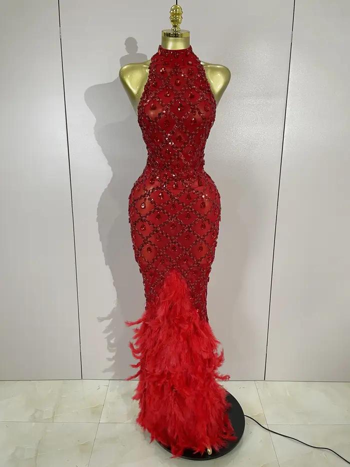 Luxe brillant rouge strass plume Sexy maille voir à travers longue robe femmes anniversaire soirée discothèque DJ danseu