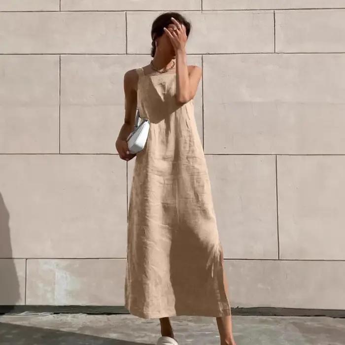 Robe gilet française en coton et lin pour femmes, tenue longue décontractée à bretelles fendues, vêtements de vacances, été, 2026