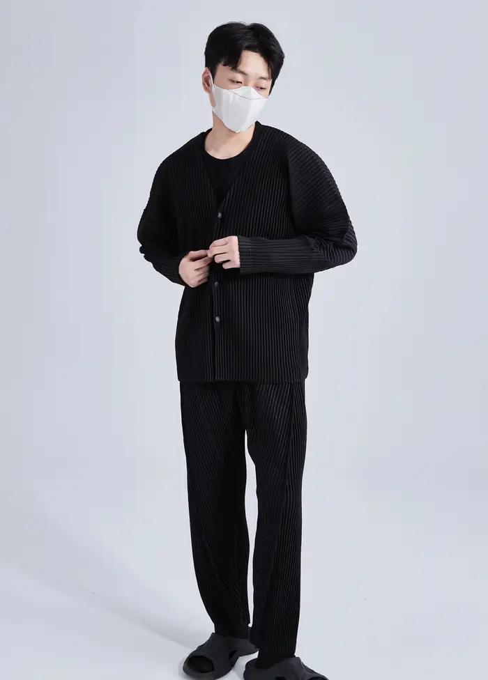 Ata Yake-Veste plissée à col en V pour homme, manteau sans col, simple boutonnage, manches longues,