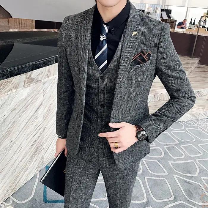 Ensemble de Banquet de Mariage à Carreaux pour Homme, Costume, Gilet, Pantalon, Grande Taille 5XL-M,