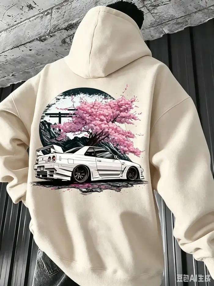 Sweat à capuche pour homme pour l'automne/hiver, style streetwear minimaliste avec graphiques vintage de voiture de sport JDM blanche et de fleurs de cerisier
