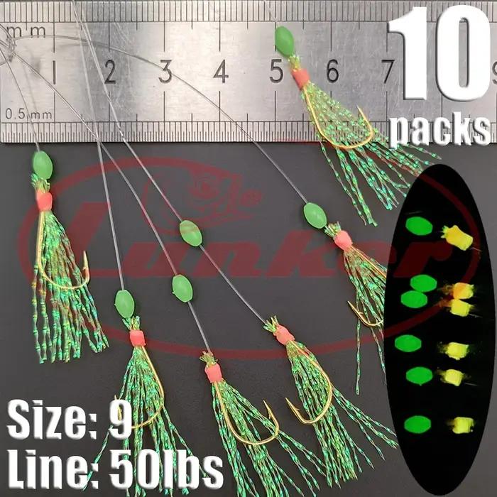 Lunker Sabiki plates-formes 10 paquets crochets leurres de pêche en eau salée lueur lumineuse Flash peau de poisson appâ