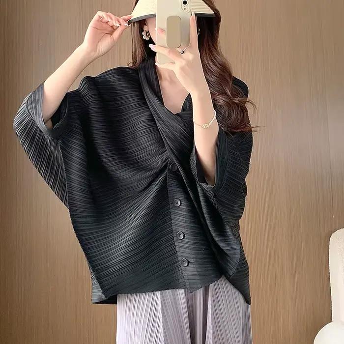 Veste courte Ata Yake avec col en V et manches 3/4 pour femmes, style décontracté, polyester, printemps été, entretien facile, pour des occasions variées