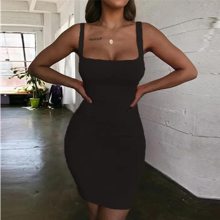 Mini robe dos nu à col carré pour femmes, robes basiques, tambour à fibre, noir, jaune, sexy, fête,