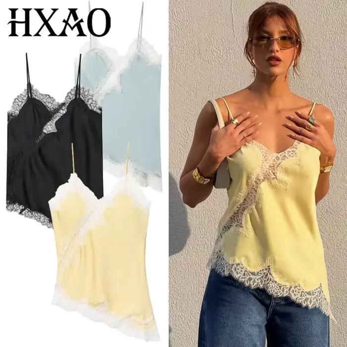 HXAO 2025 femme asymétrique haut à bretelles femmes Sexy noir jaune bleu haut dentelle réservoirs et