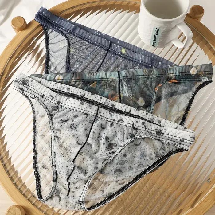 Sous-vêtements pour hommes en maille ultra-fine, imprimés, transparents, sexy avec poche en U, taille basse, confortables et respirants, polyesters et élasthanne, pour toutes les saisons