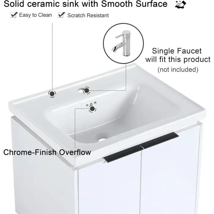 24 vanités de salle de bain flottantes avec lavabo, vanité de salle de bain murale simple de 24 pouc