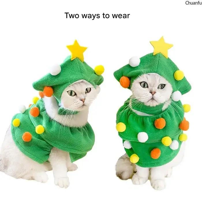 Costume de Noël pour animaux de compagnie, tenue festive chaude et réglable pour chiens et chats, avec capuche double couche, boules colorées et fermetures à velcro, pour occasions spéciales et réunions familiales