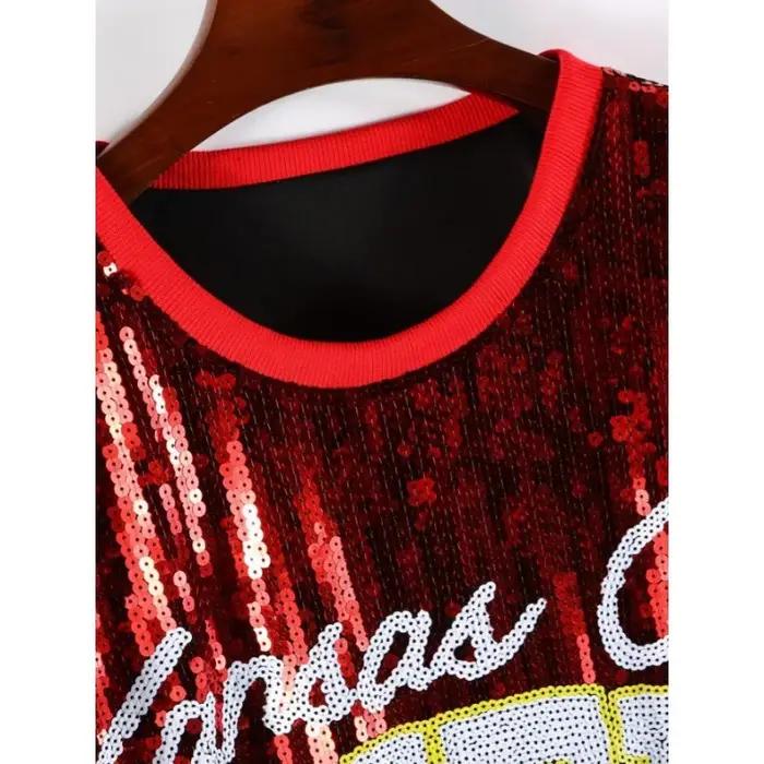Summer Rugby Team Uniform Sequined Jersey Red Color Letters Printed Women's