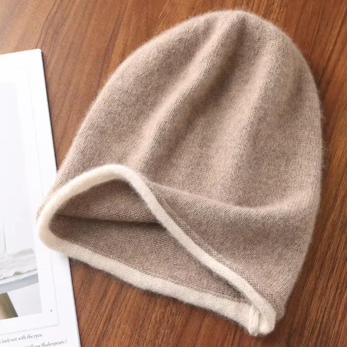 Chapeau d'hiver à bords bouclés pour femmes, 100% laine mérinos tricotée, doux et chaud, à la mode,