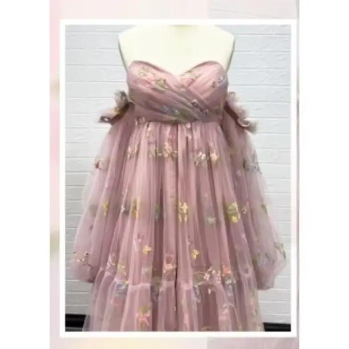 Robe de soirée de maternité sexy – Robe de soirée à fente haute avec broderie florale et manches bou