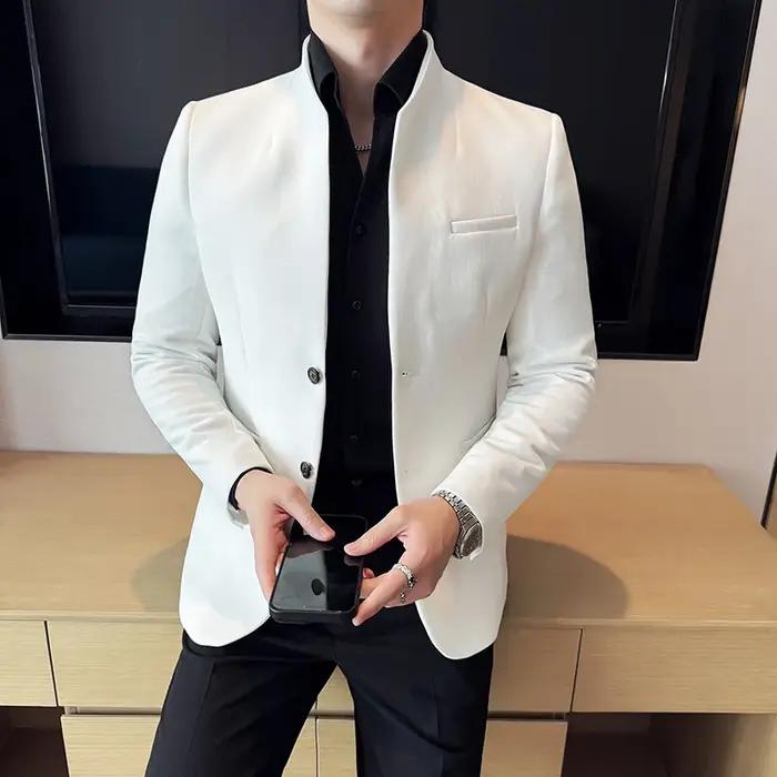 Gaufre nouveau chinois col montant costume manteaux hommes coupe ajustée affaires décontracté mode costumes veste formel