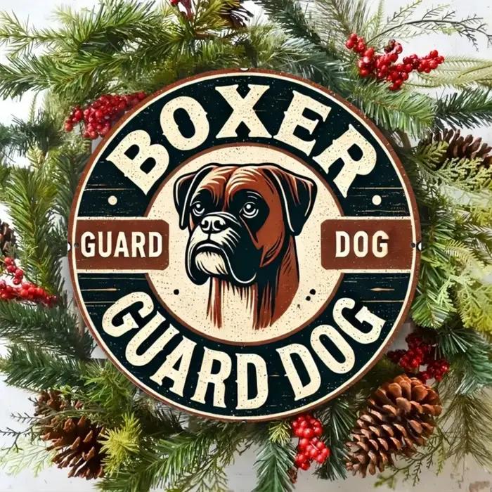 Panneau métallique «Boxer Guard Dog » vintage – décor rustique plat 2D | Avec des Branches de Pin et des Baies