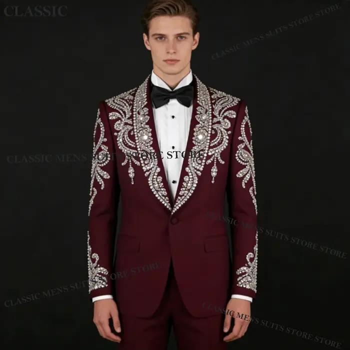 Costumes de luxe personnalisés pour hommes, en diamant, de haute qualité, avec strass, pour mariage,