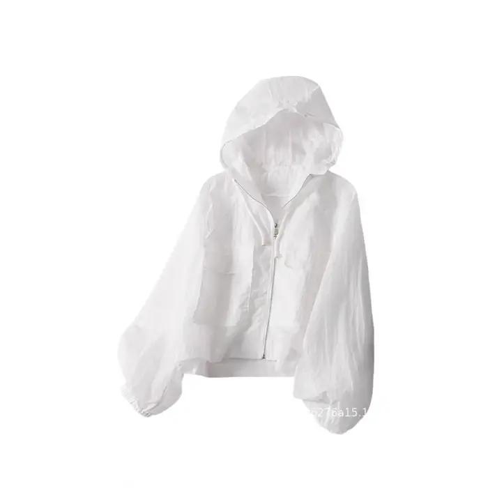 Vêtements de protection solaire anti-UV pour femmes, mode estivale, coupe ample, à capuche, fermeture éclair, vêtement décontracté fin avec petit imprimé