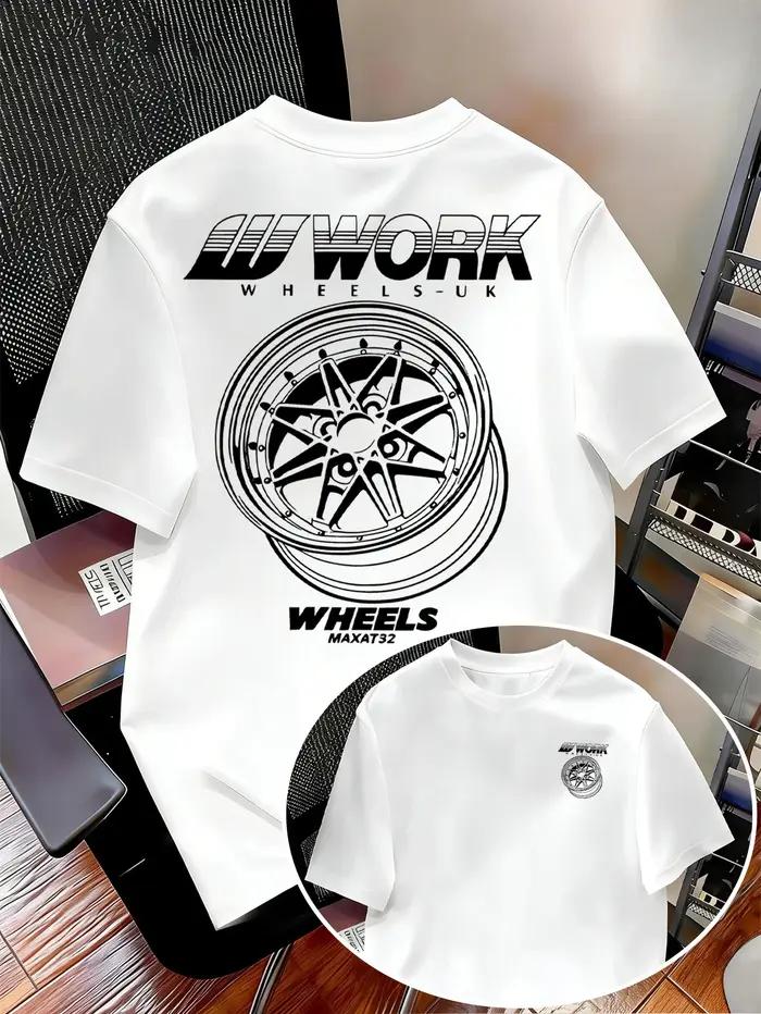 T-shirt pour homme avec imprimé motif roue de travail, T-shirt à manches courtes, décontracté, culture automobile JDM, style été, vêtements pour homme