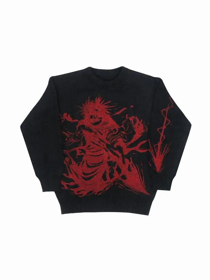 Pull en tricot graphique noir et rouge pour hommes, col rond, surdimensionné, décontracté, manches l