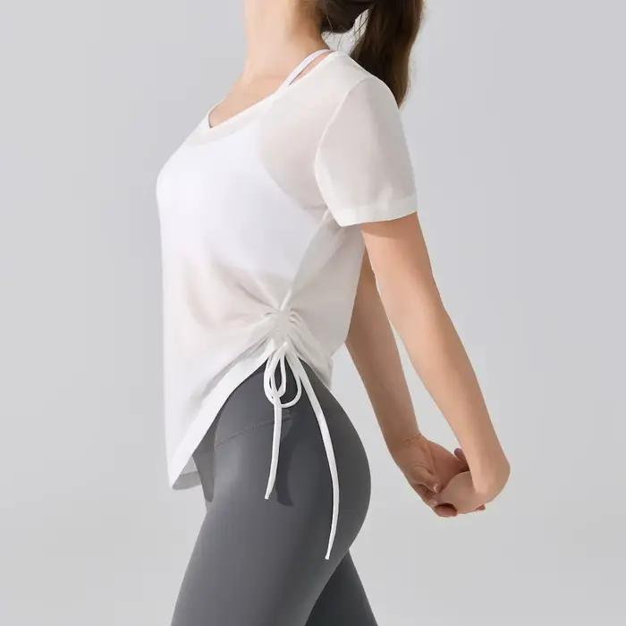 2025 T-shirt athlétique à manches courtes coupe ample pour femme – Conception à cordon plissé – Haut