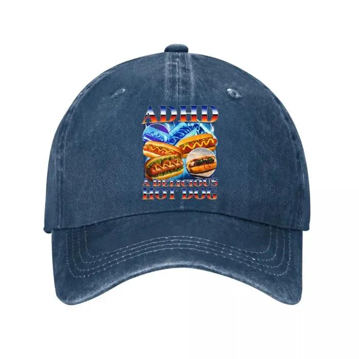 Casquette de baseball unisexe avec motif humoristique « ADHD A Delicious Hot Dog » style Meme alimentaire, effet vieilli et délavé, pour l'extérieur
