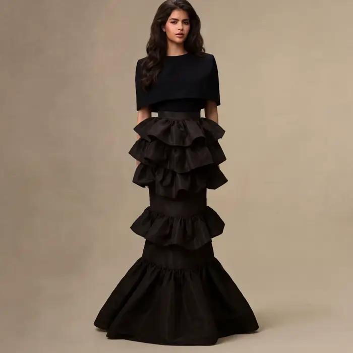 Nouvelle Arrivée Jupe Sirène Noire à Volants Superposés pour Femme Taille Haute 2026 Jupe Longue For