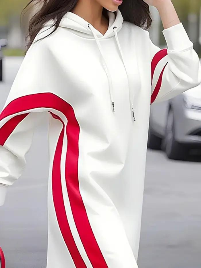 UOOZEE femmes mode cordon rayé à capuche robe mi-longue couleur contrastée manches longues ample déc