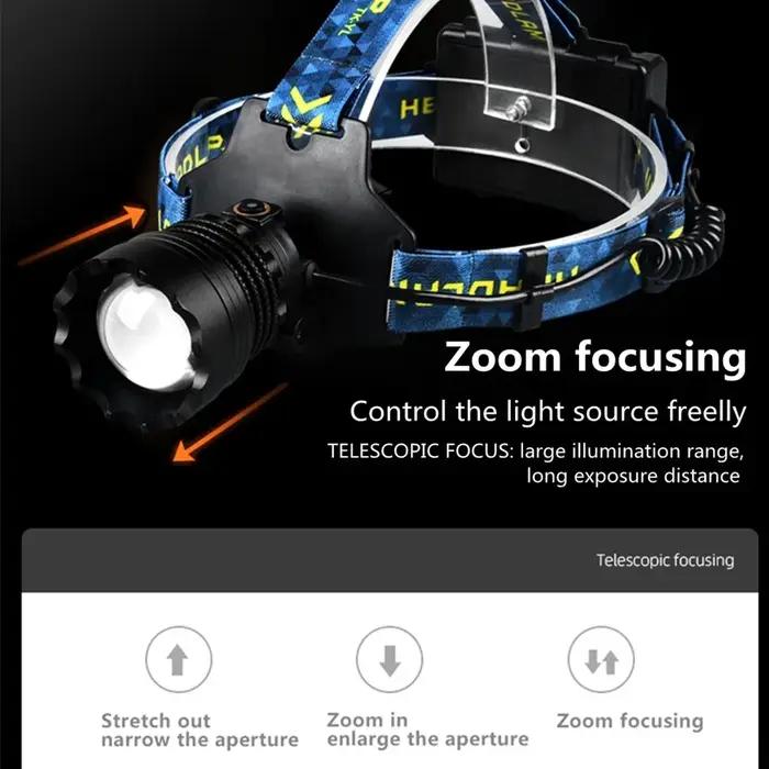 Lampe frontale puissante à 4 LED, Zoom Super lumineux, longue portée, lampe de poche à lumière forte