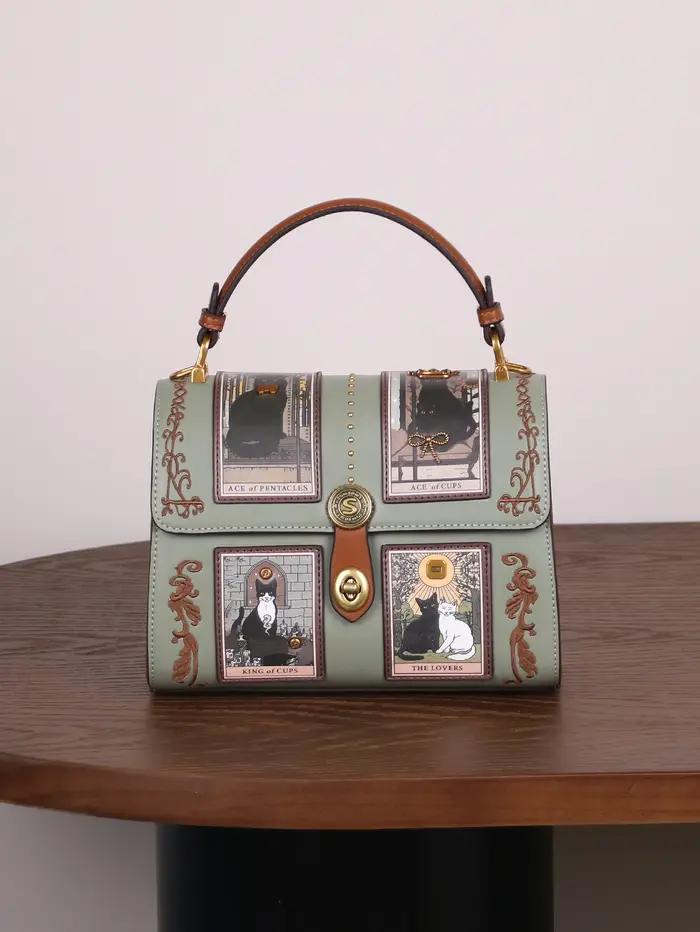 Nouveau sac à main de luxe pour femme 2026, style rétro, sac Boston Tarot, motif chat mignon, sac do