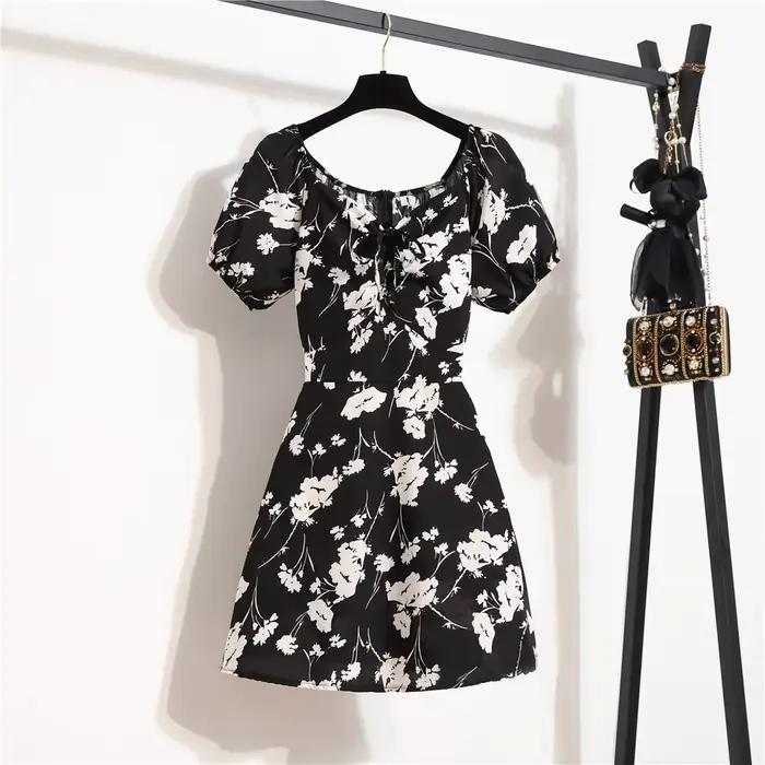Femmes Mini Robes D'été Mode Femme Robes Imprimé Floral Robes En Mousseline De Soie Fronces Plissée