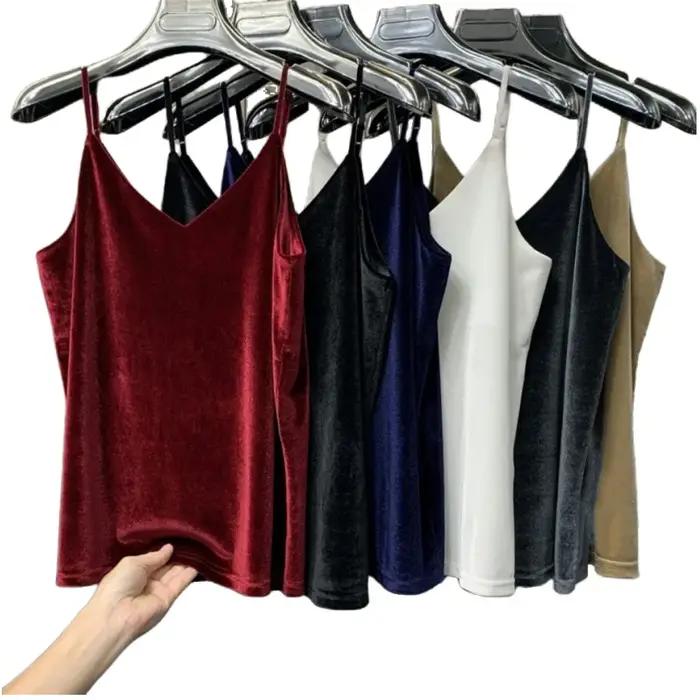 Femmes solide velours Camis gilet femmes débardeurs femme 2026 été Sexy sangle hauts basiques mince