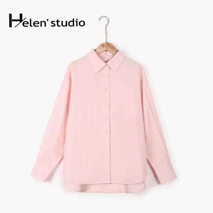 Chemise ample 100% coton pour femme, élégante et décontractée, col rabattu, manches longues