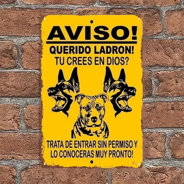 Avertissement espagnol avec motif de chien à trois têtes