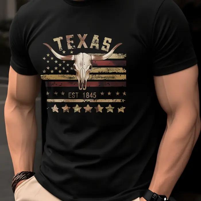 Tshirt Texas EST 1845 crâne de Longhorn imprimé drapeau américain vintage style western décontracté pour hommes coton manches courtes occasions quotidiennes
