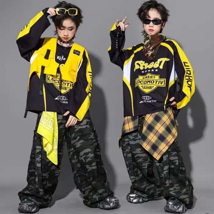 Ensemble de vêtements de danse de rue pour filles, veste K-pop, sweat-shirt, pantalon jaune, costume
