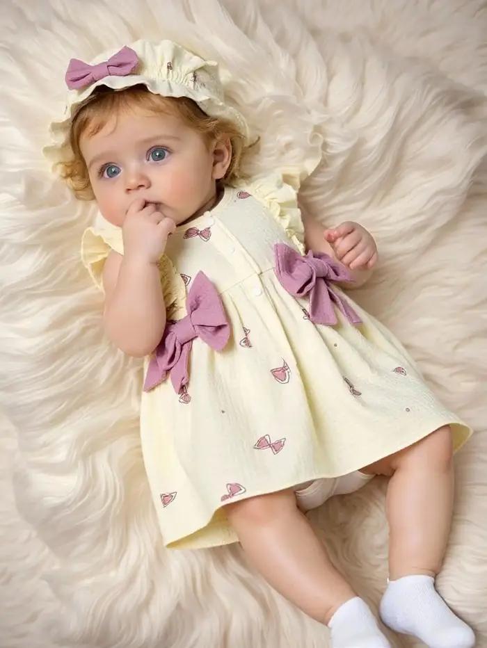 Robe pour bébé fille de 0 à 9 mois, 2 pièces, col rond, imprimé nœud, bord à volants, ensemble de ch