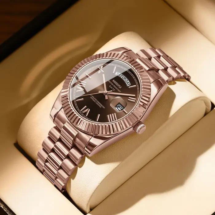 Montre homme NIBOSI analogique quartz acier inox étanche classique affichage date jour reloj