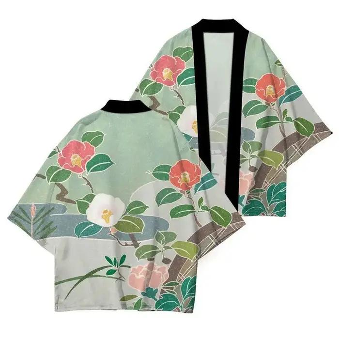 Kimono Japonais Décontracté Imprimé Fleuri Haute Qualité Polyesters Pour Hommes Femmes Occasions Spéciales Plage Détente