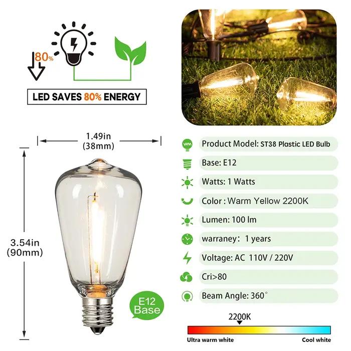Ampoule LED rétro ST38 E12 110V 220V 1W, en plastique, à intensité variable, incassable pour jardin,