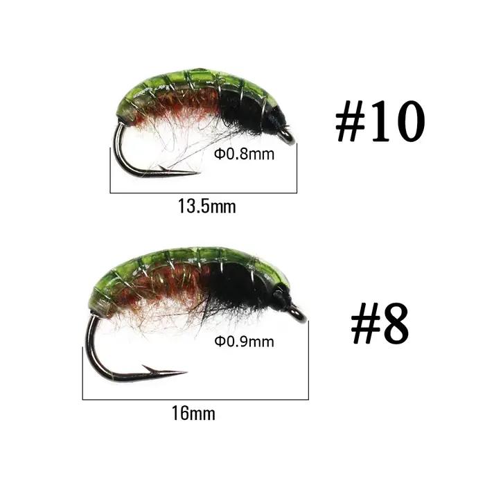ICERIO 6 pièces UV vert dos nymphe Scud Bug ver mouches avec crochet barbelé pêche à la truite mouch