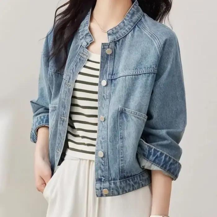 Veste en jean coréenne unie pour femme, manteau de cowboy, col montant, vêtements d'extérieur, nouveautés, chic et élégant, créateur Harajuku