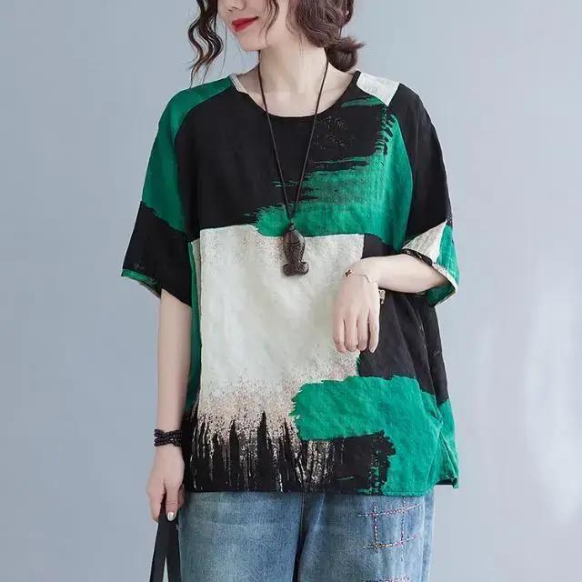 T-shirt à manches courtes pour femmes, vêtement d'été, nouveau Style rétro, ample, en coton et lin, 2025