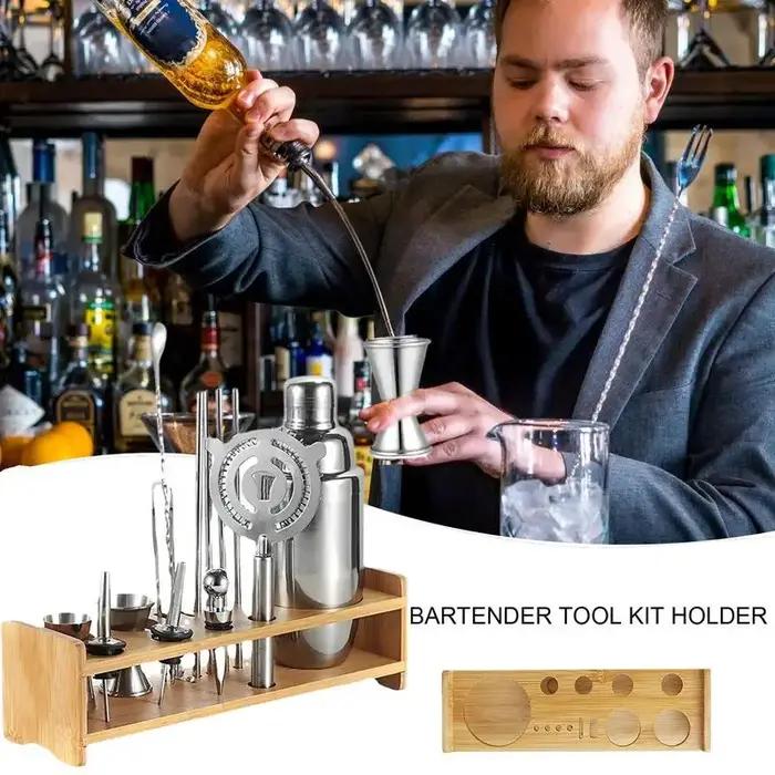 Support de rangement pour outils de barman en bambou compact et élégant pour mixologie professionnelle