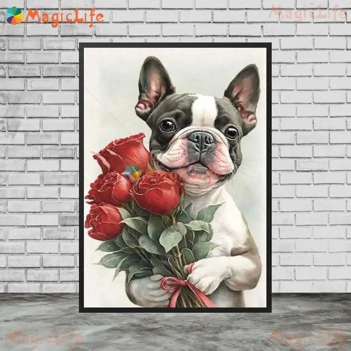 Chien avec fleurs de roses