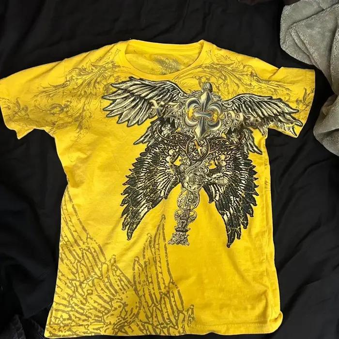 T-shirt rétro Xtreme Angel Wing pour hommes et femmes, jaune, manches courtes, Harajuku, mode améric