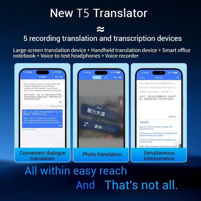 Traducteur AI MOGCO T5 144 langues 0.5s vitesse 98% précision 16 hors ligne photo vidéo 60 jours batterie gratuit