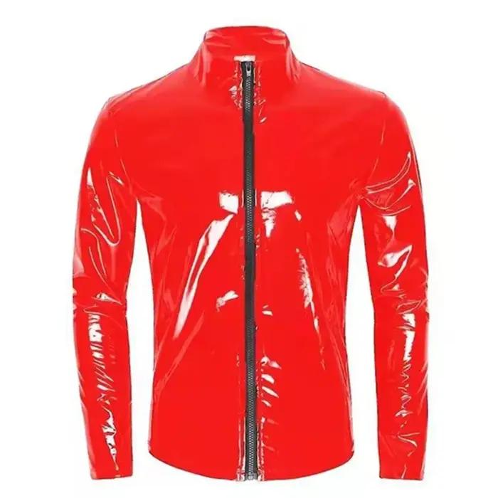 Nouveaux hommes Cardigan à fermeture éclair col montant chemise PVC brillant en cuir verni Sexy serré extensible Latex