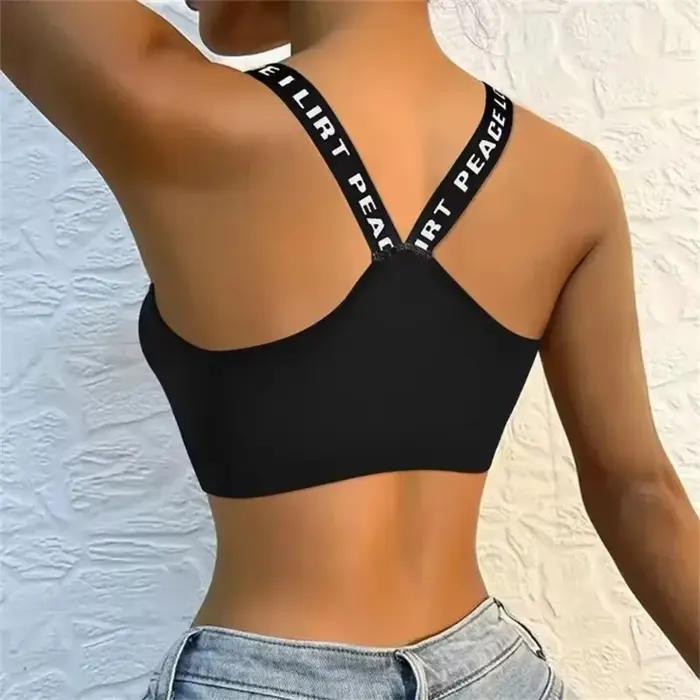 Soutien-gorge de sport sans couture pour femme, avec larges bretelles à lettres, confortable pour le yoga et le fitness, sans armatures, idéal pour l'entraînement et les activités sportives.