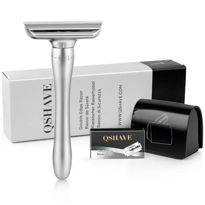 QShave – rasoir de sécurité réglable avec couvercle magnétique, 1 rasoir, 1 étui jetable et 5 lames
