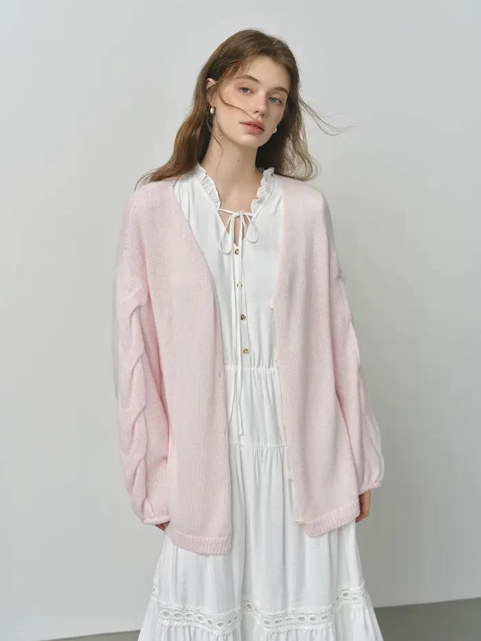 Cardigan en laine d'alpaga et polyamide, coupe ample, col en V, style décontracté, pour femme, automne 2025, occasions spéciales, bleu ciel, rose