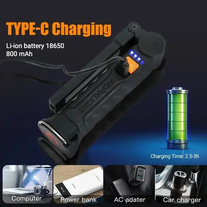 Lampe de Travail Portable COB LED, Rechargeable par USB, Lanterne Magnétique avec Batterie spatirée,
